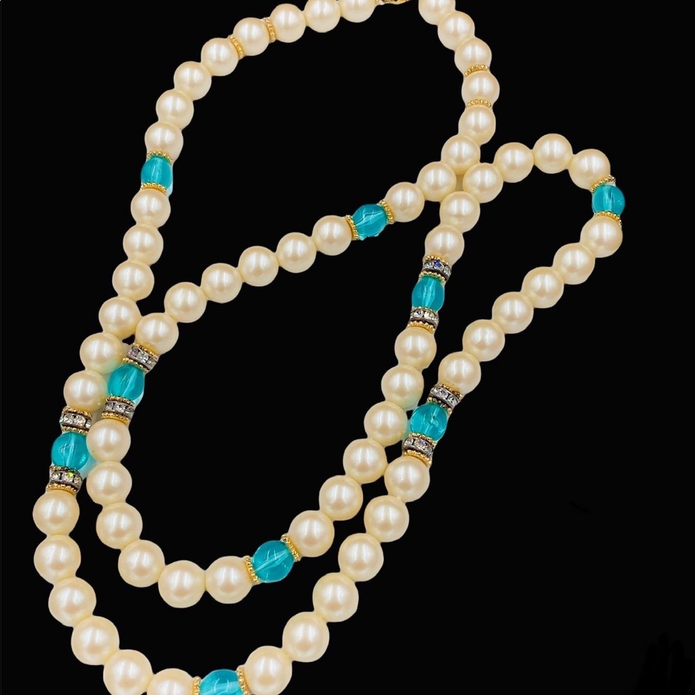 Vintage Monet Long Faux Pearl Rhinestone Rondelle Necklace